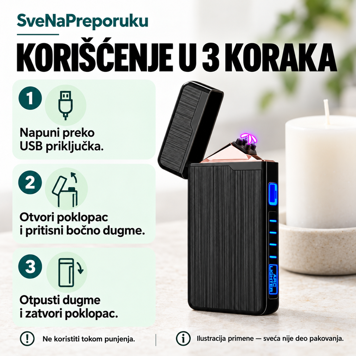 Način korišćenja USB plazma upaljača: punjenje, otvaranje poklopca i aktiviranje bočnim dugmetom.