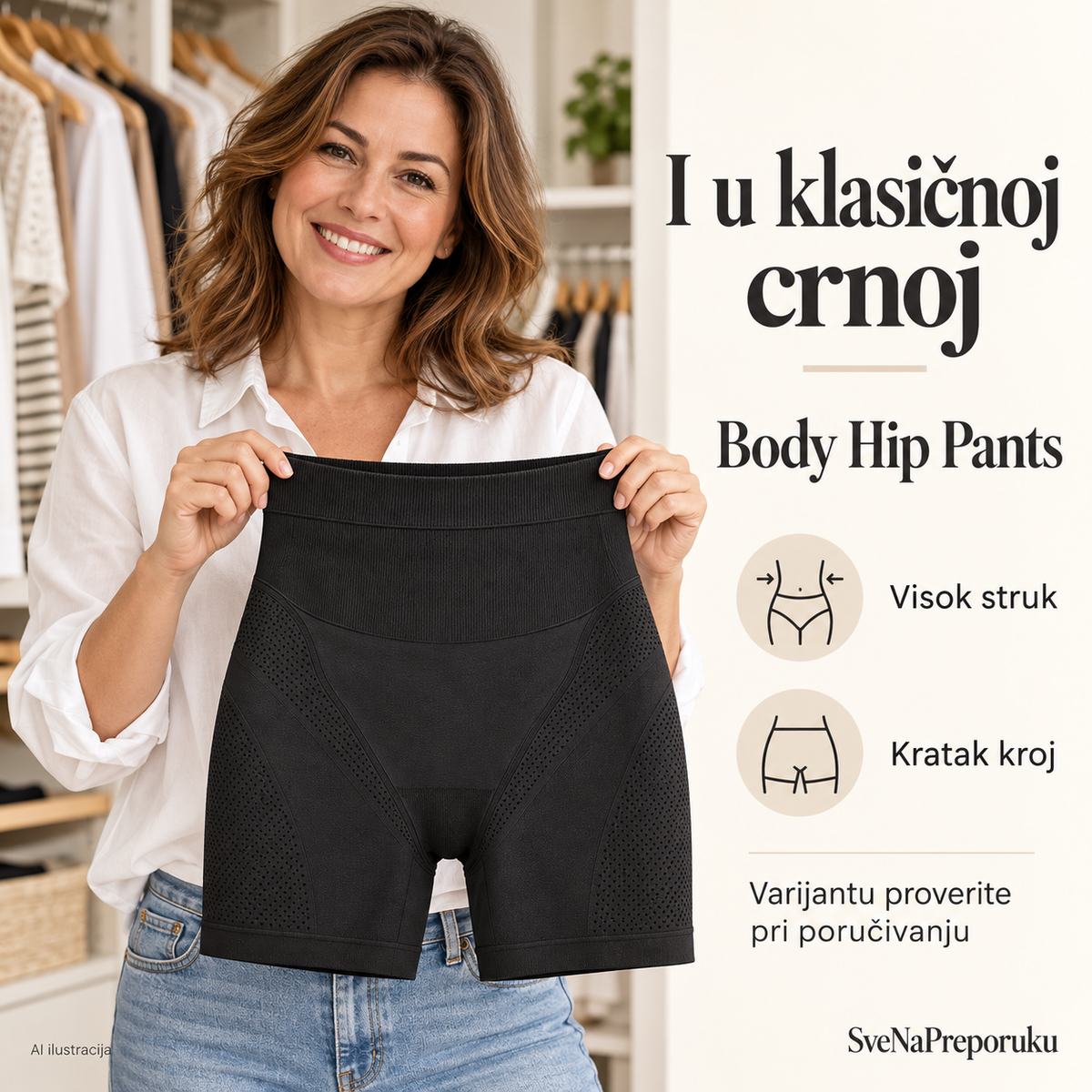 AI ilustracija: Prikaz crne varijante Body Hip Pants šortsa.