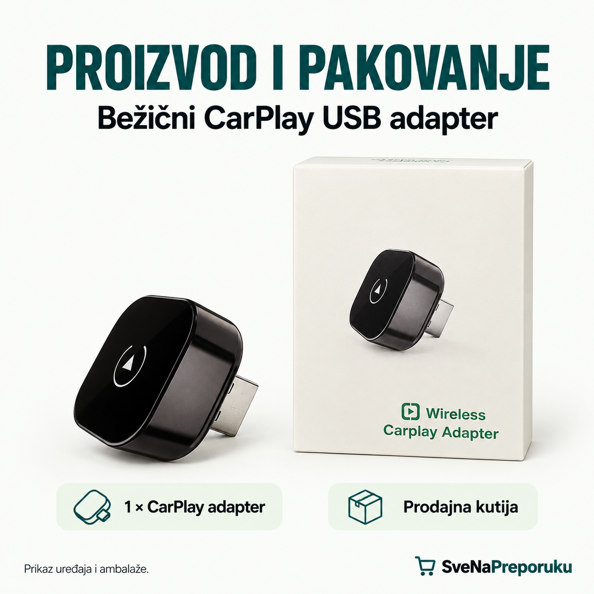 Bežični CarPlay USB adapter — proizvod i pakovanje
