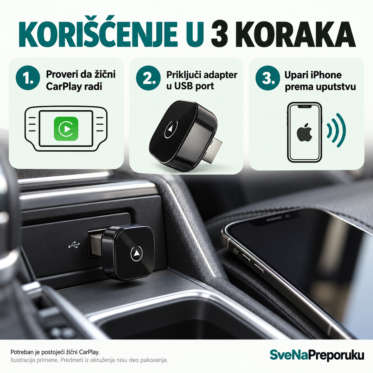 Bežični CarPlay USB adapter — način korišćenja
