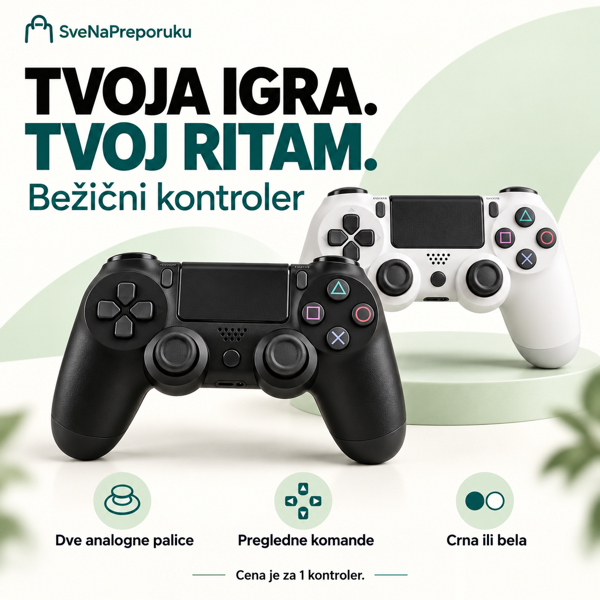 Bežični kontroler u crnoj i beloj boji — dve analogne palice i pregledne komande; cena za jedan komad.