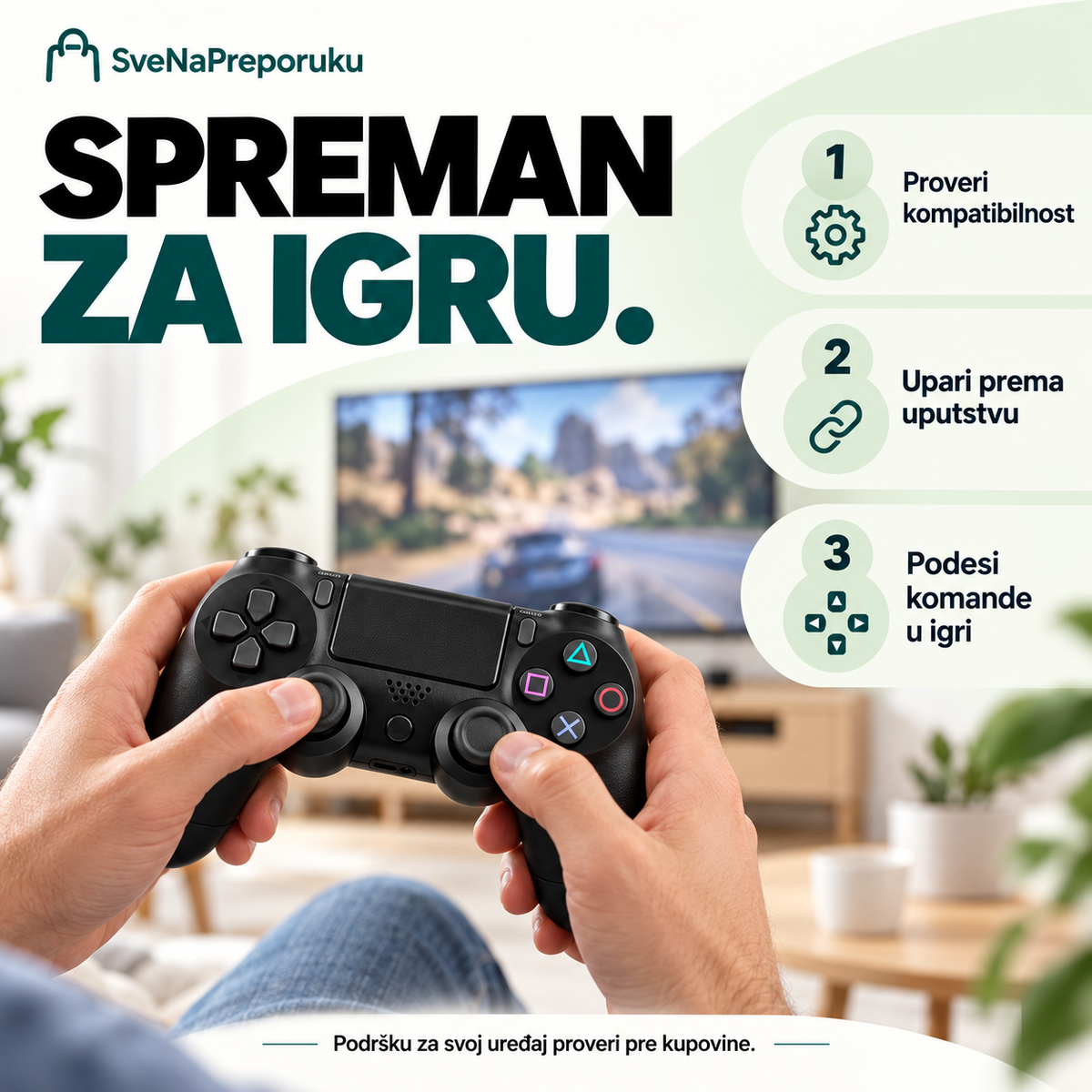 Korišćenje kontrolera: proveri kompatibilnost, upari prema uputstvu i podesi komande u igri.