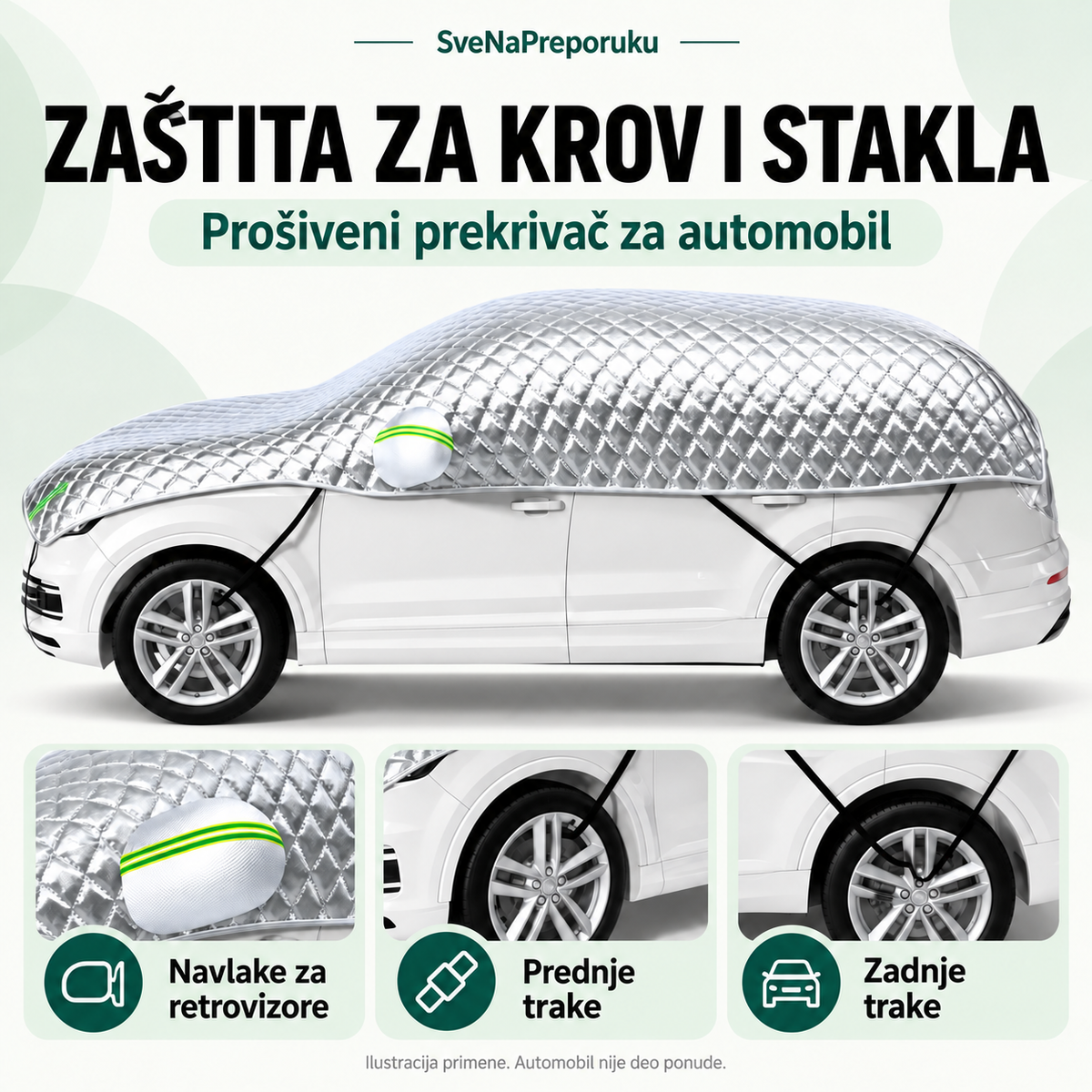 Srebrni prošiveni prekrivač za krov i stakla automobila, sa navlakama za retrovizore i trakama.