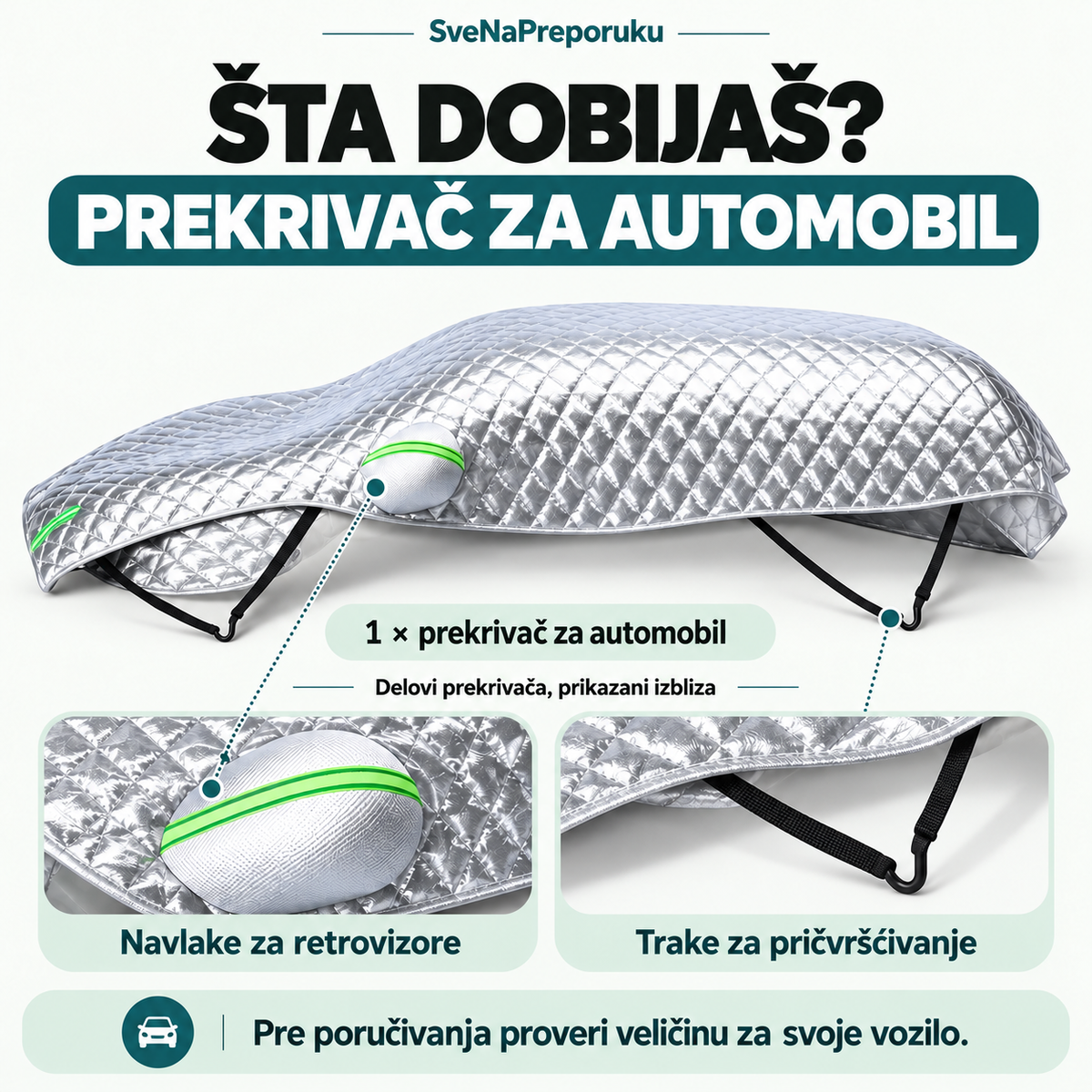 Sadržaj ponude: jedan prekrivač sa navlakama za retrovizore i pripadajućim trakama.
