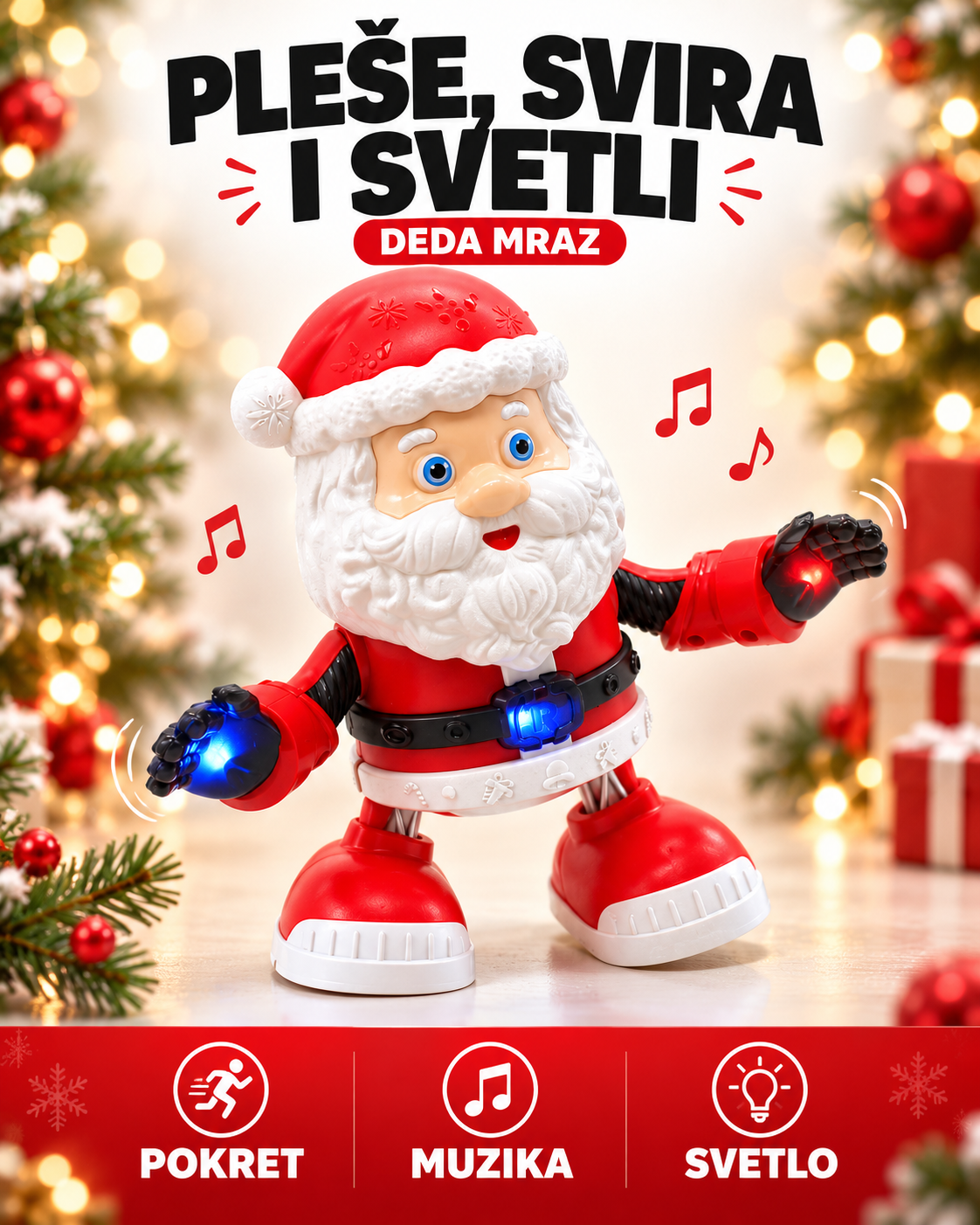 Deda Mraz igračka – pleše, svira i svetli; prikaz svetlosnih efekata na dlanovima i kaišu.