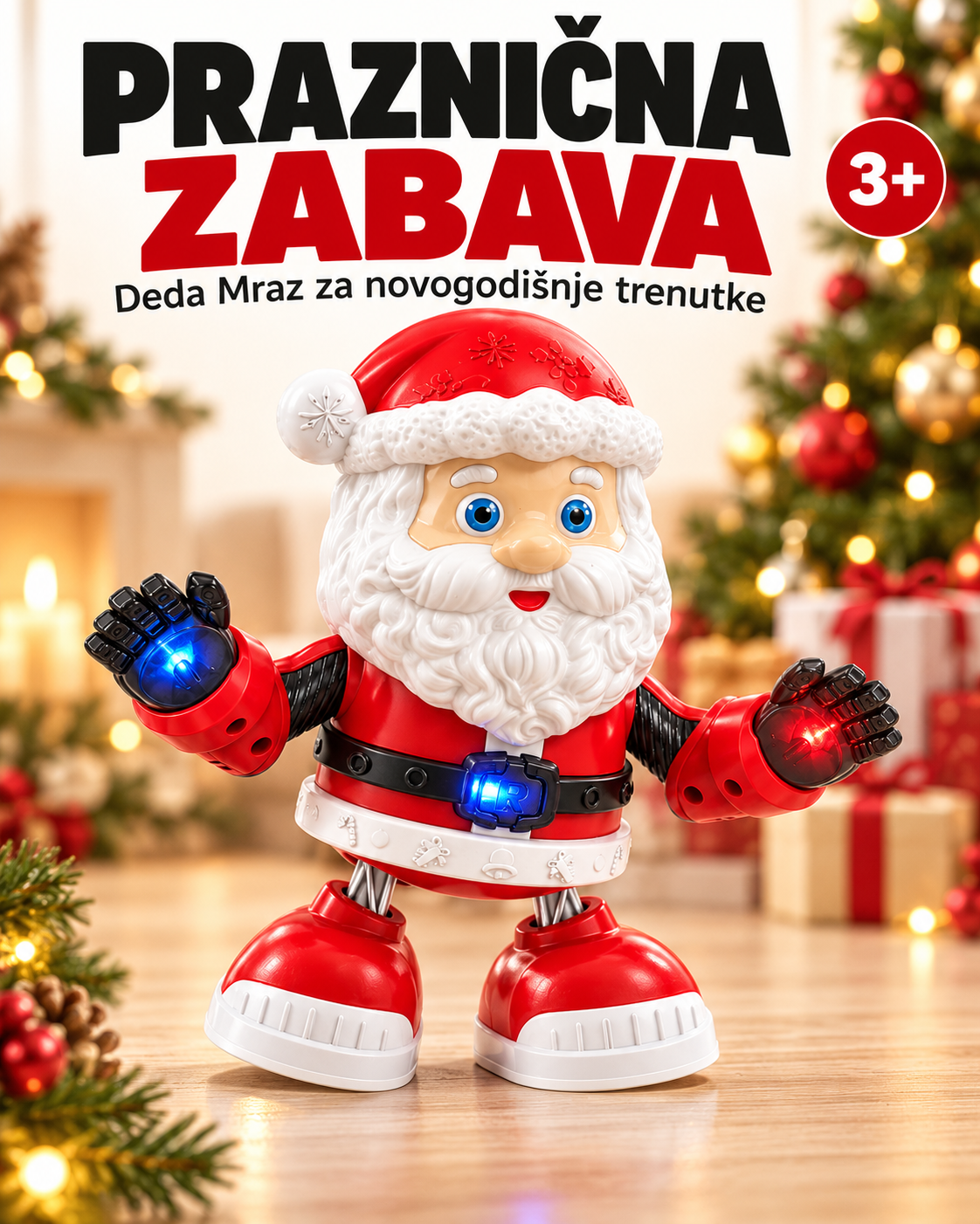 Deda Mraz igračka u prazničnom ambijentu – novogodišnji poklon za uzrast 3+.