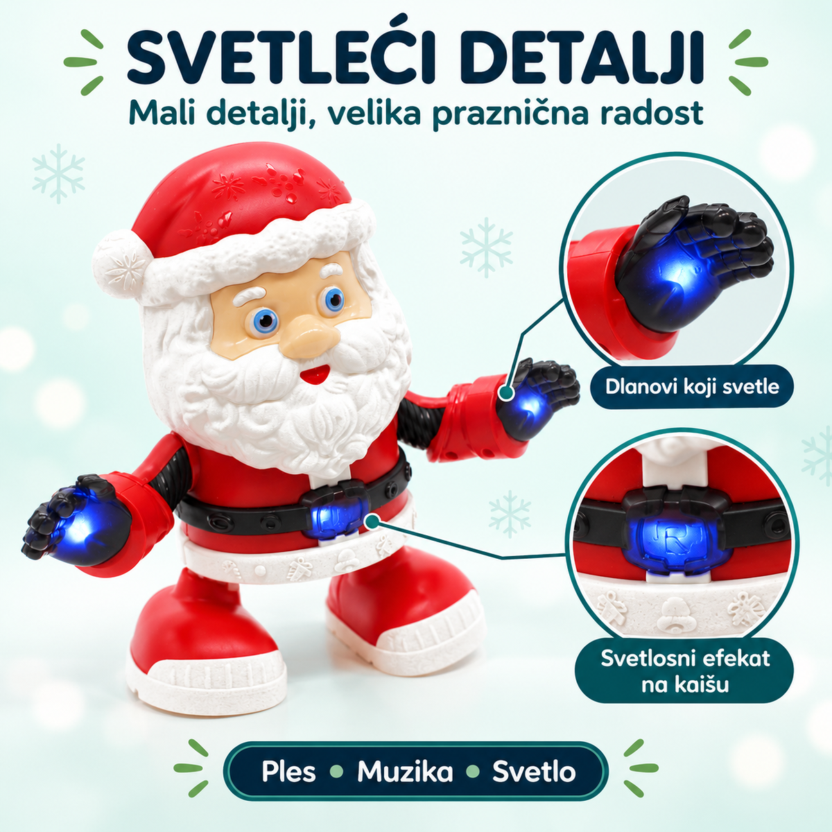 Deda Mraz igračka – detaljan prikaz svetlećih dlanova i kaiša, sa objašnjenjima na srpskom.