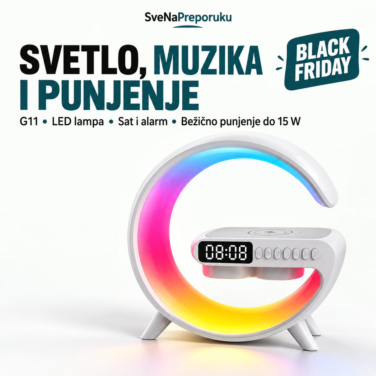 G11 LED lampa sa zvučnikom i bežičnim punjenjem — Black Friday