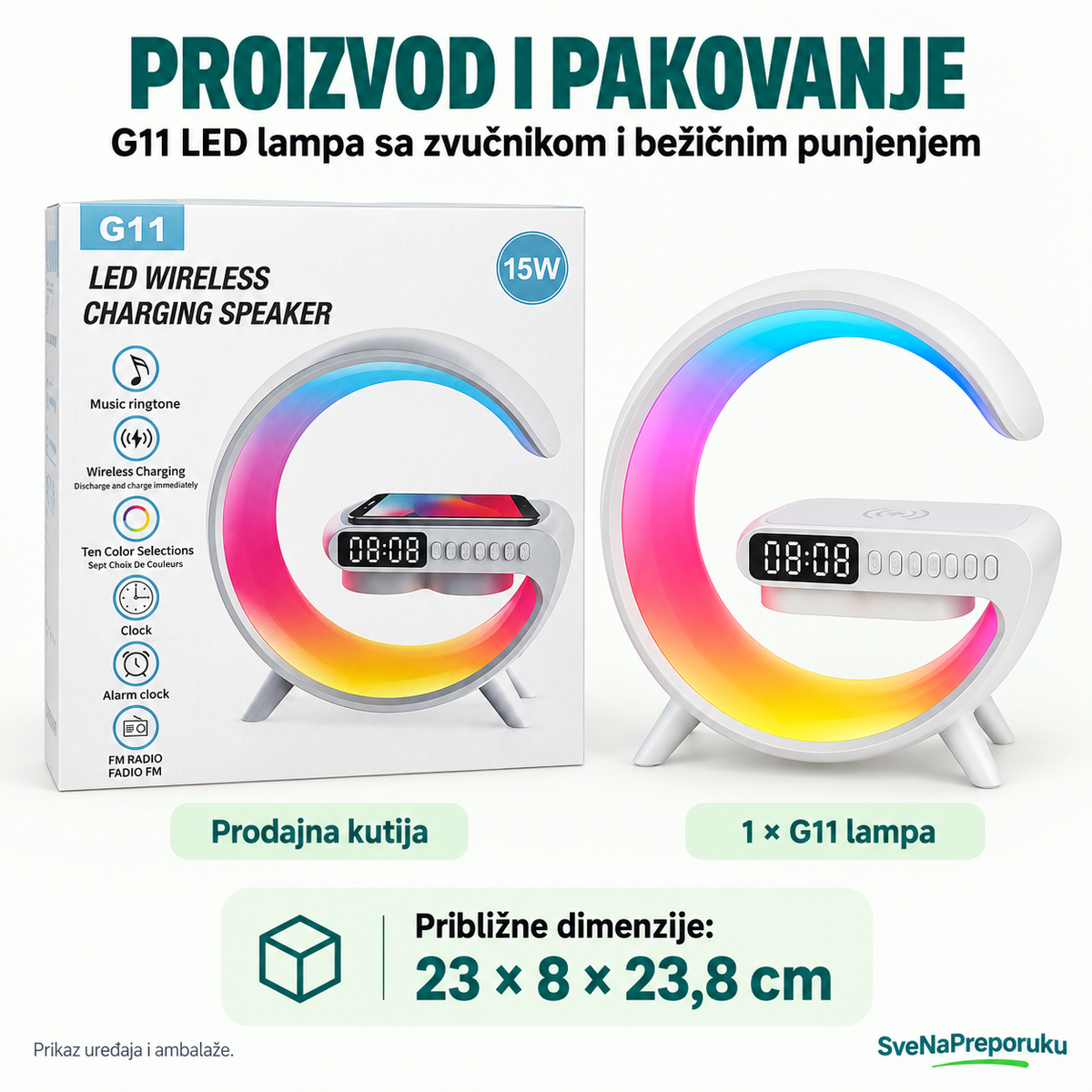 G11 LED lampa sa zvučnikom i bežičnim punjenjem — proizvod i pakovanje, Približne dimenzije: 23 × 8 × 23,8 cm