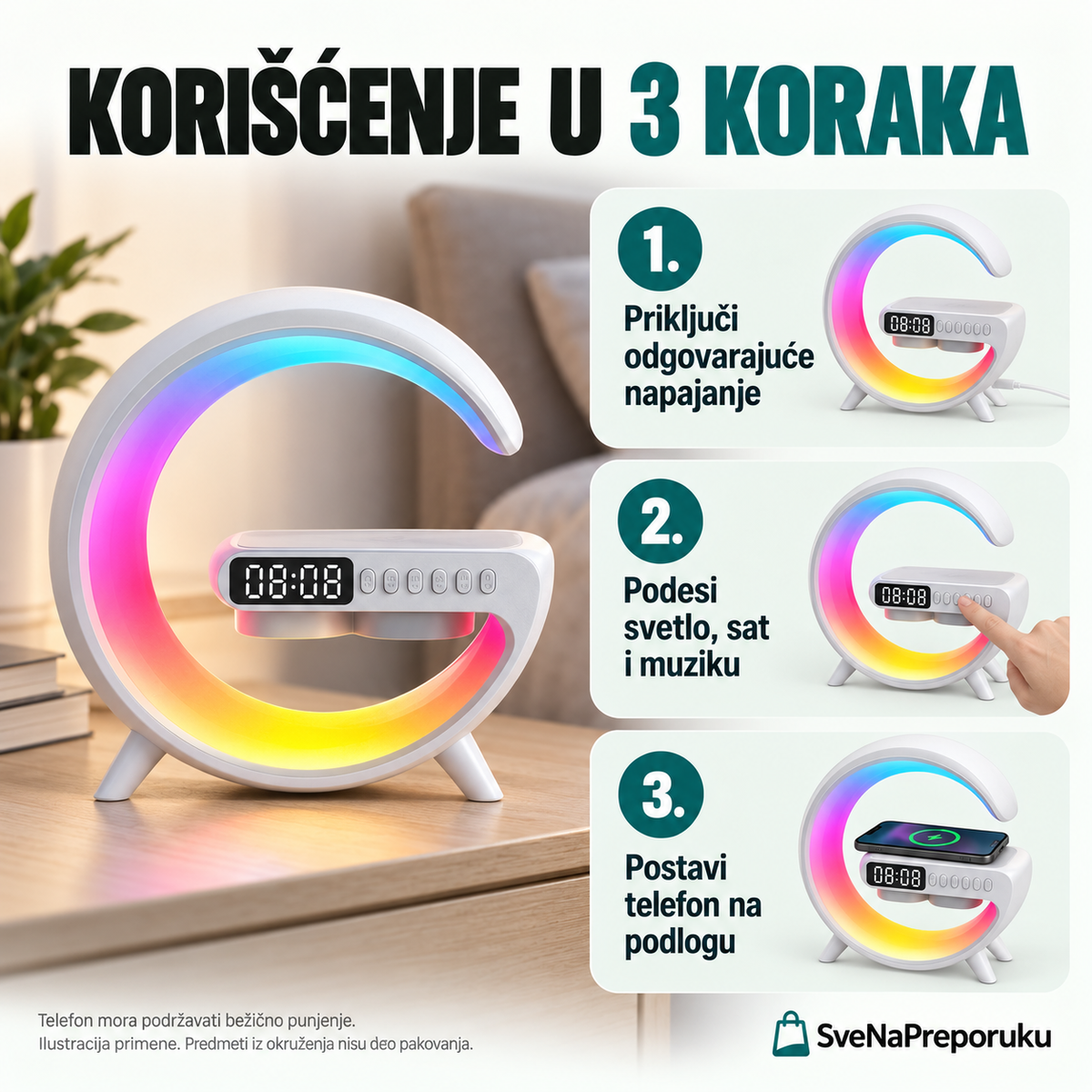G11 LED lampa sa zvučnikom i bežičnim punjenjem — način korišćenja