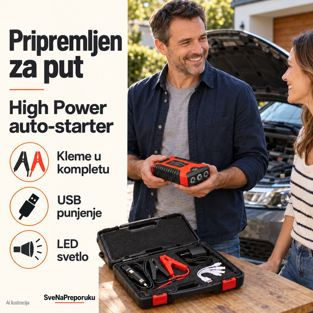 AI ilustracija: Priprema High Power auto-startera i kompleta pored parkiranog vozila.