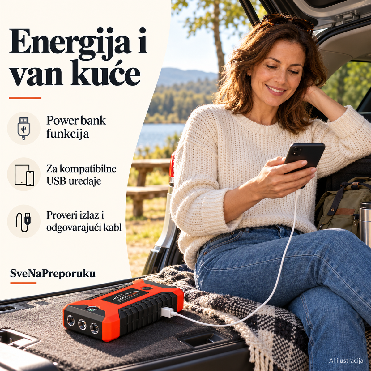 AI ilustracija: USB punjenje kompatibilnog telefona pomoću auto-startera.