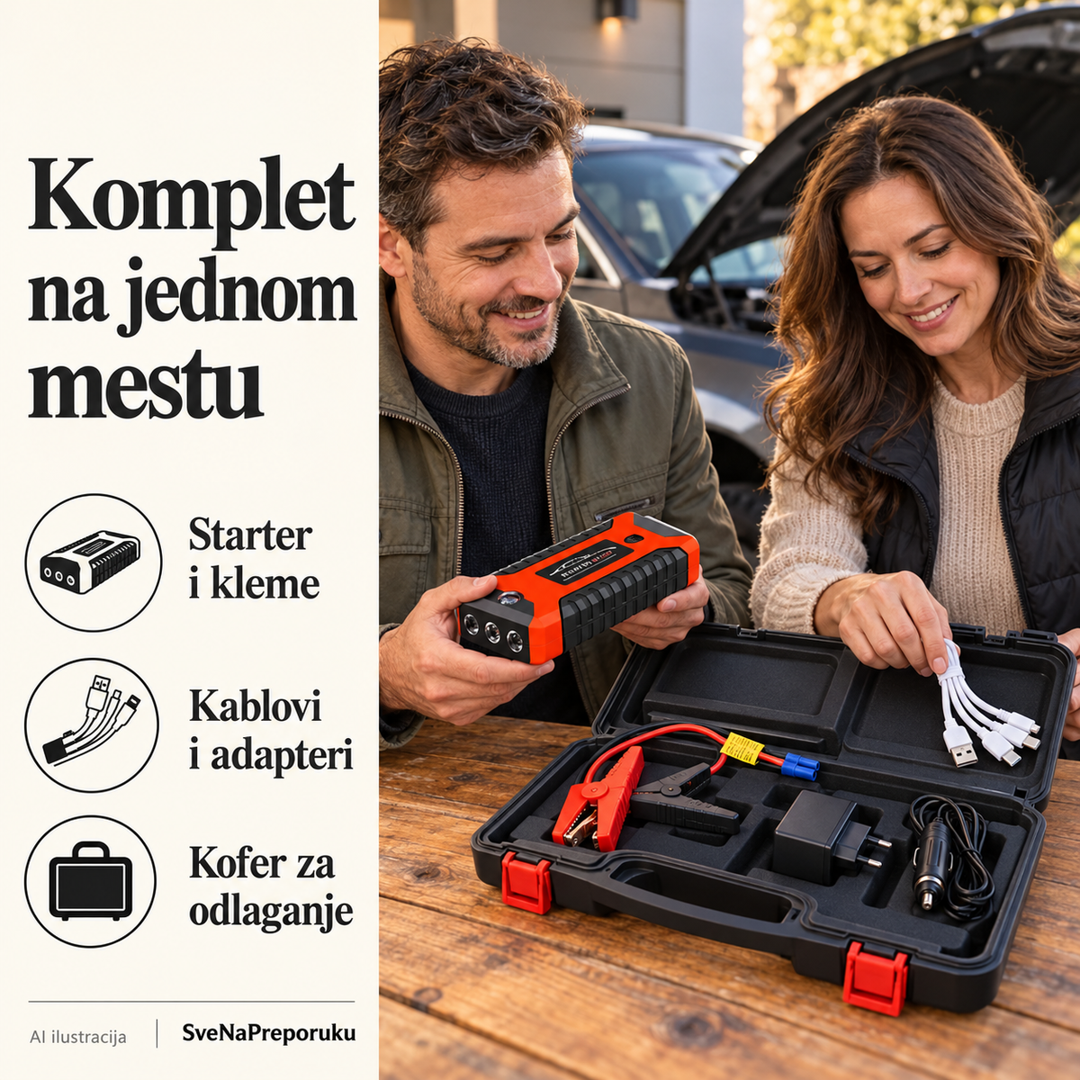 AI ilustracija: Raspakivanje auto-startera, klema, kablova i adaptera.