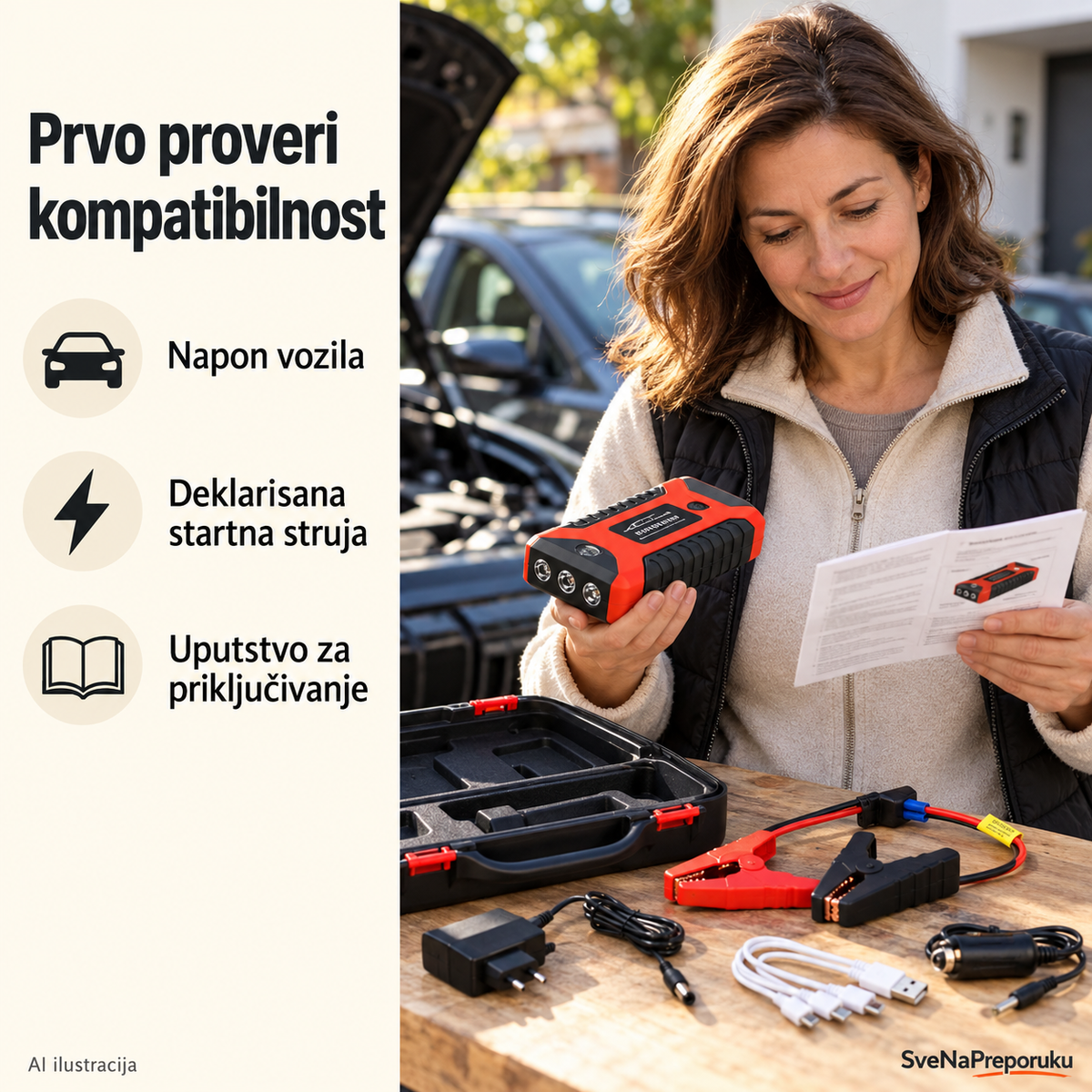 AI ilustracija: Provera uputstva i kompatibilnosti pre upotrebe auto-startera.