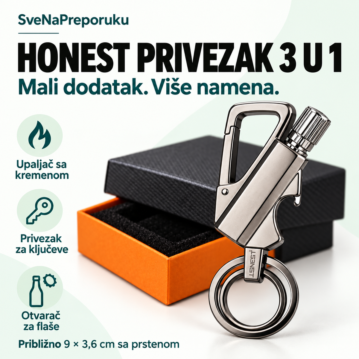 HONEST privezak 3 u 1: upaljač sa kremenom, privezak i otvarač za flaše. Približno 9 × 3,6 cm sa prstenom.