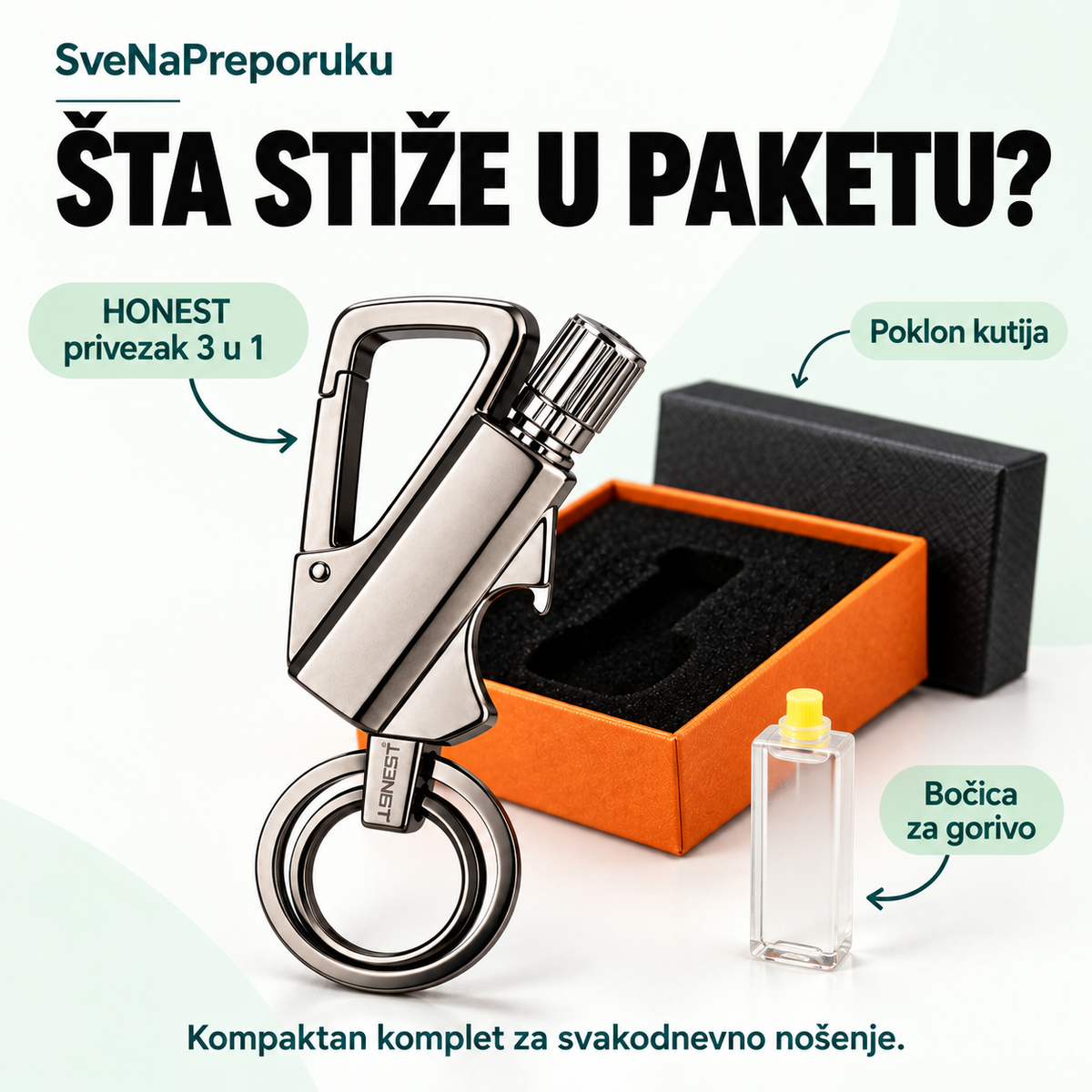 Pakovanje HONEST priveska: privezak sa upaljačem, poklon kutija i bočica za gorivo.