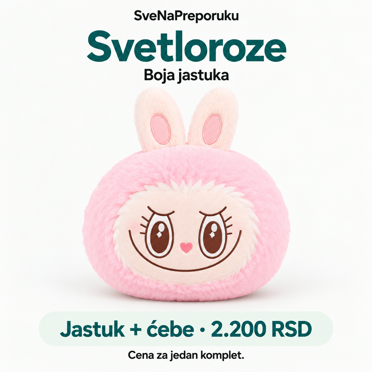 Svetloroze plišani jastuk Zeka; u cenu od 2.200 RSD uključeno je i ćebe.