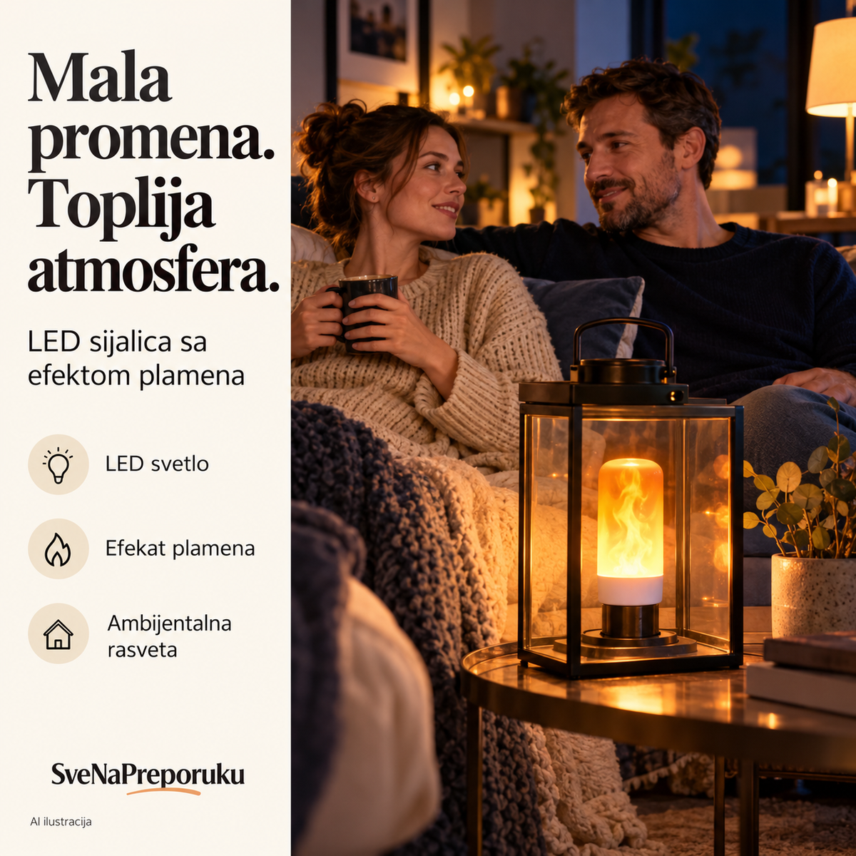 AI ilustracija: LED sijalica sa efektom plamena u večernjem ambijentu.
