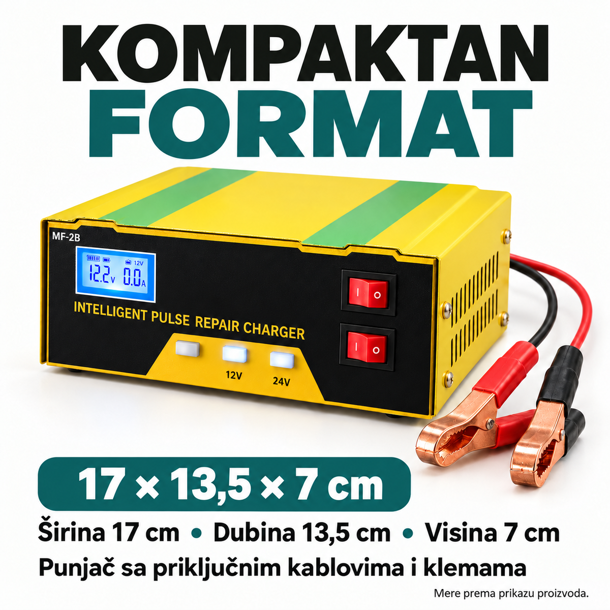 Punjač sa kablovima i klemama — dimenzije 17 × 13,5 × 7 cm