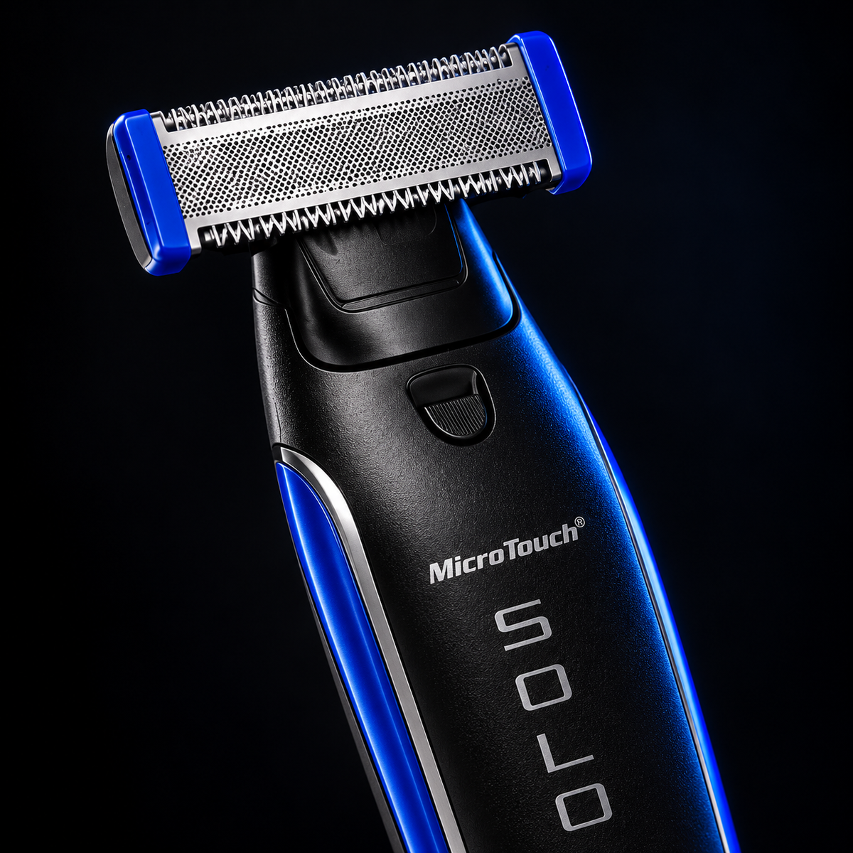 MicroTouch SOLO — detalj glave za šišanje i brijanje. AI reklamna vizualizacija.