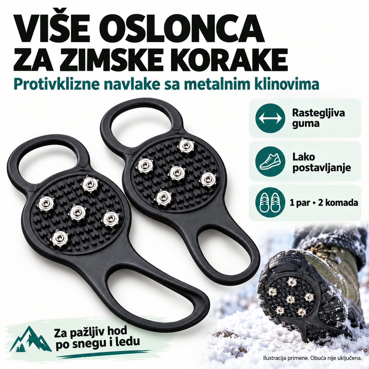 Protivklizne navlake za sneg i led – rastegljiva guma, metalni klinovi, jedan par.