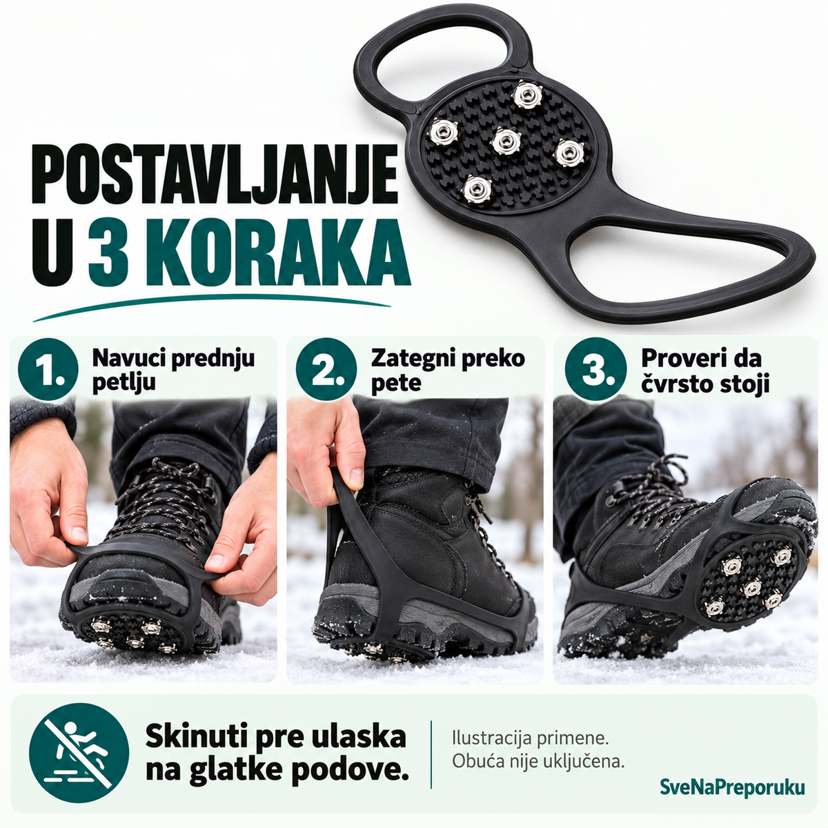 Postavljanje u tri koraka: navuci prednju petlju, zategni preko pete i proveri naleganje.
