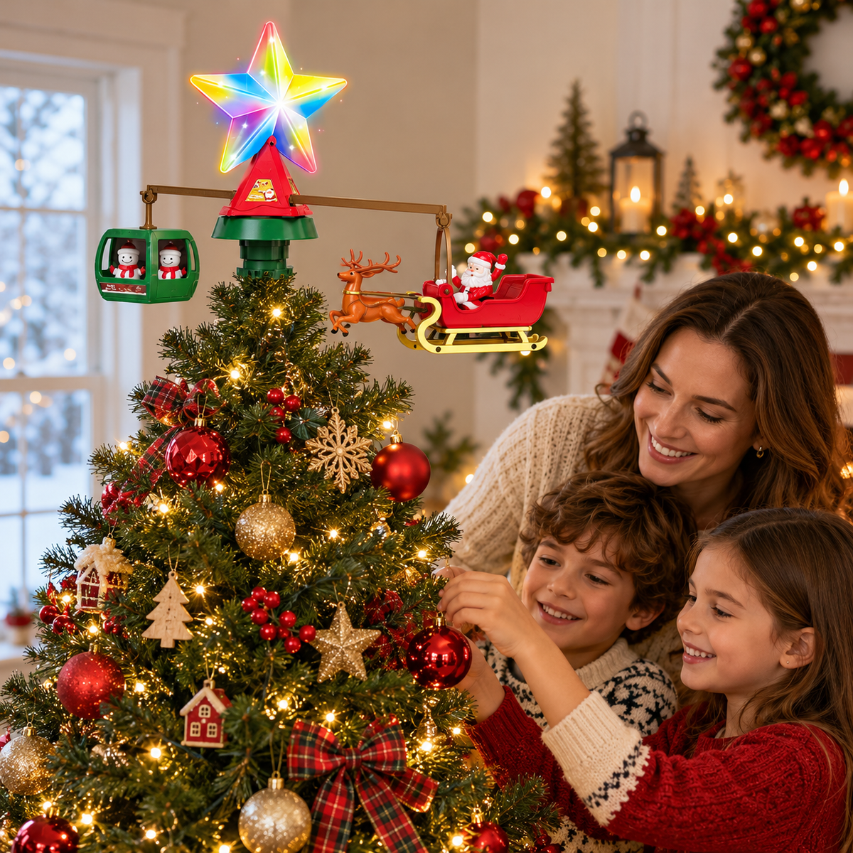 Porodica ukrašava jelku sa rotirajućim ukrasom, Deda Mrazom i svetlećom zvezdom na vrhu