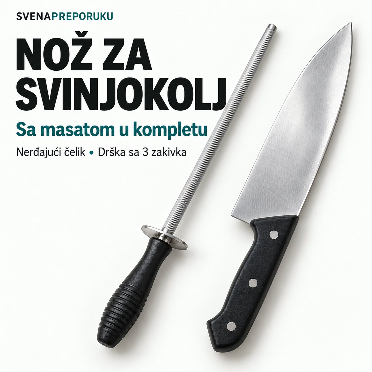 Nož za svinjokolj sa masatom, crna drška sa tri zakivka.