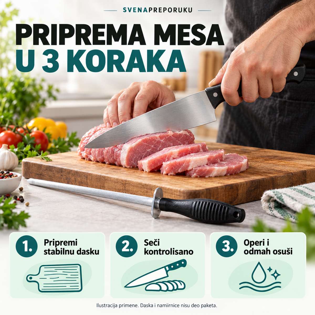 Priprema mesa: stabilna daska, kontrolisano sečenje i ručno pranje.