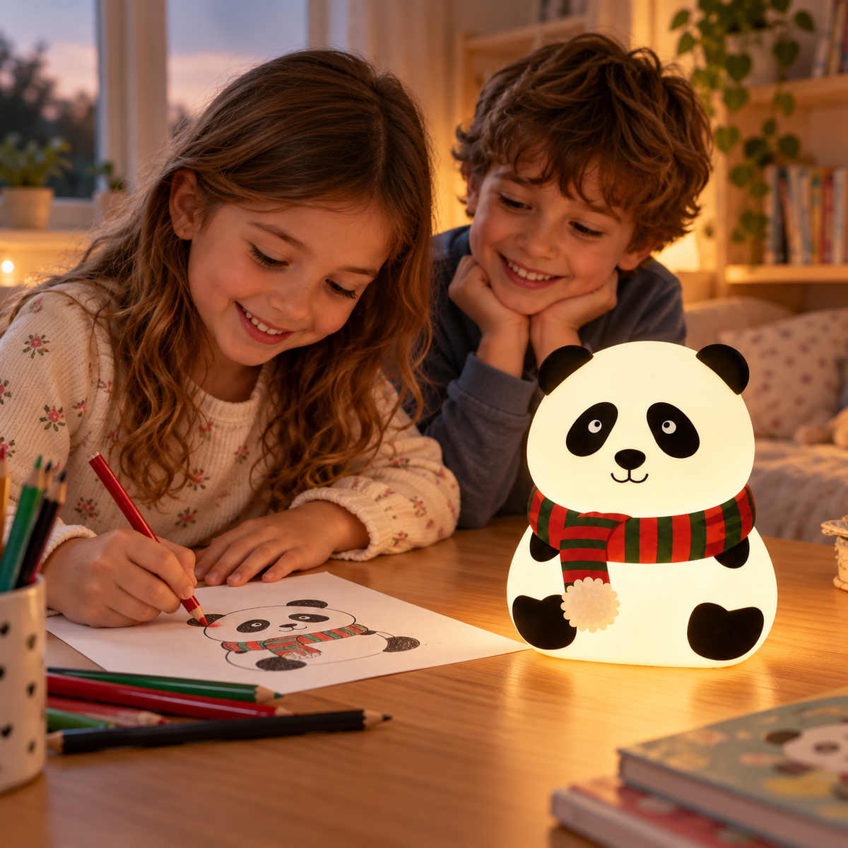 Panda noćna lampa na dečjem stolu tokom crtanja
