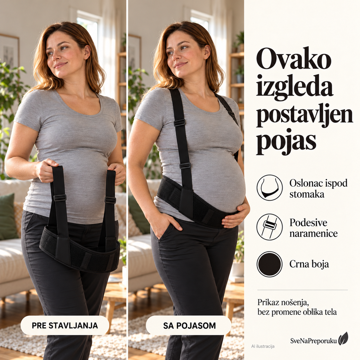 AI ilustracija: Prikaz pre stavljanja i sa postavljenim pojasom.