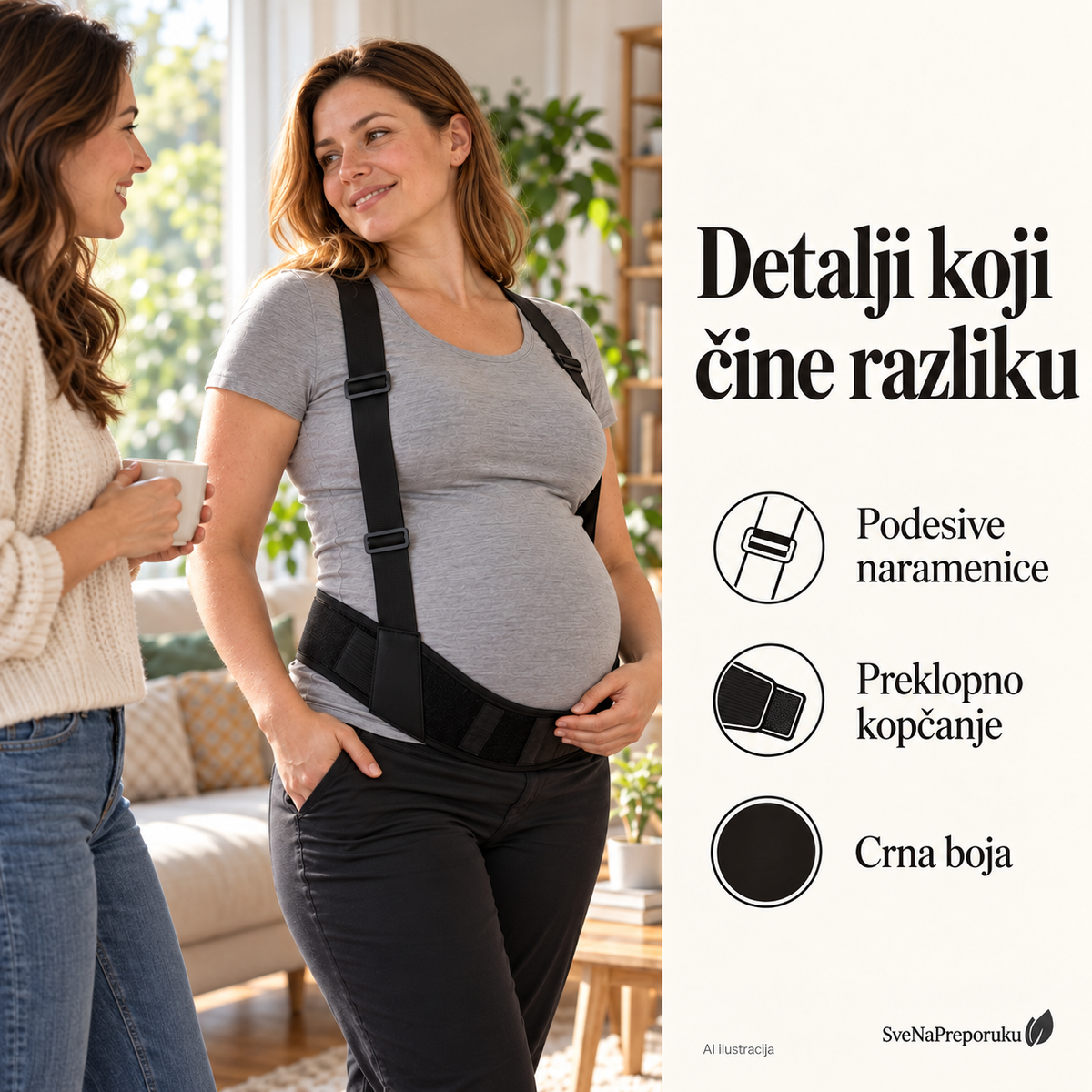 AI ilustracija: Detalji naramenica i kopčanja crnog trudničkog pojasa.