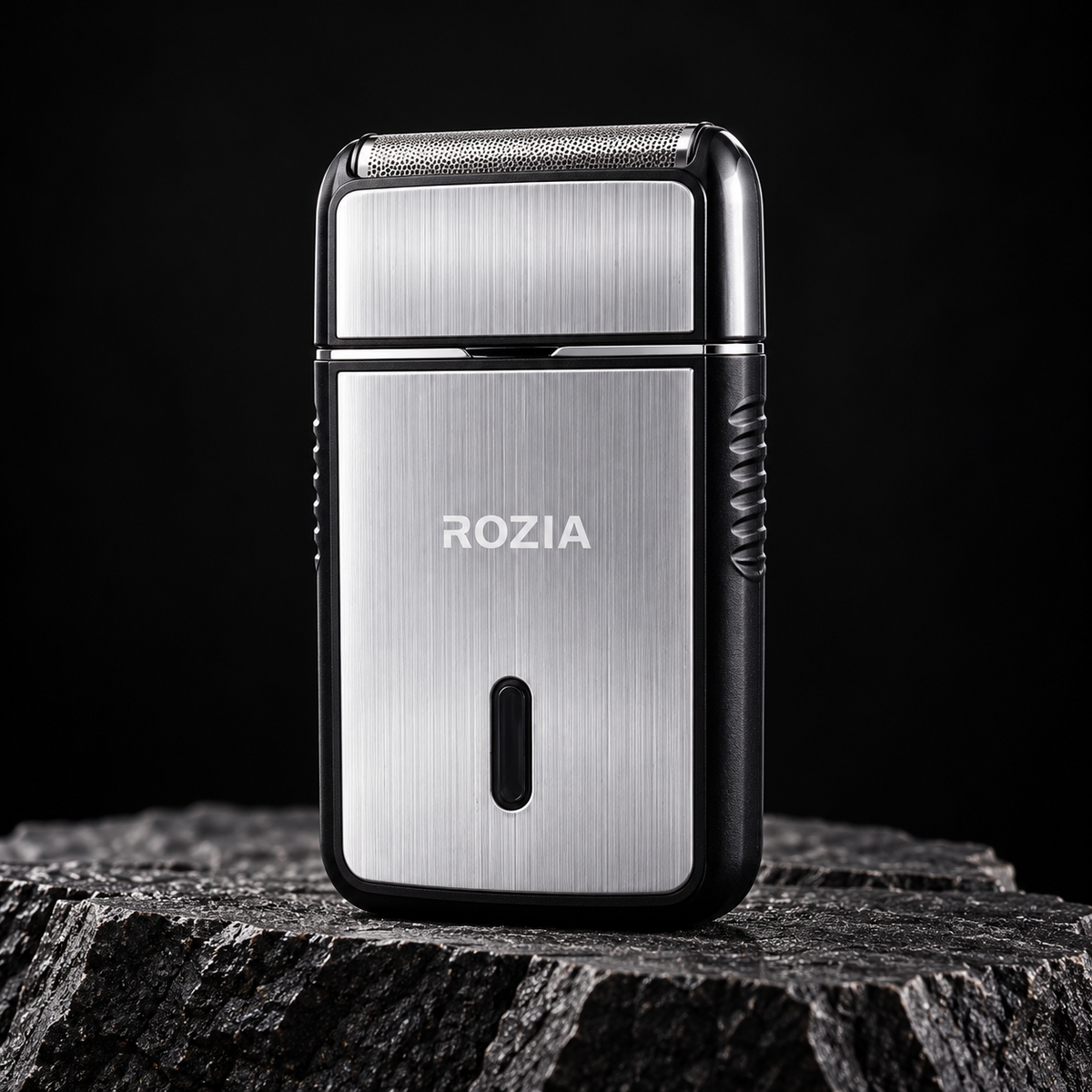 ROZIA — na crnom kamenu. AI reklamna vizualizacija.