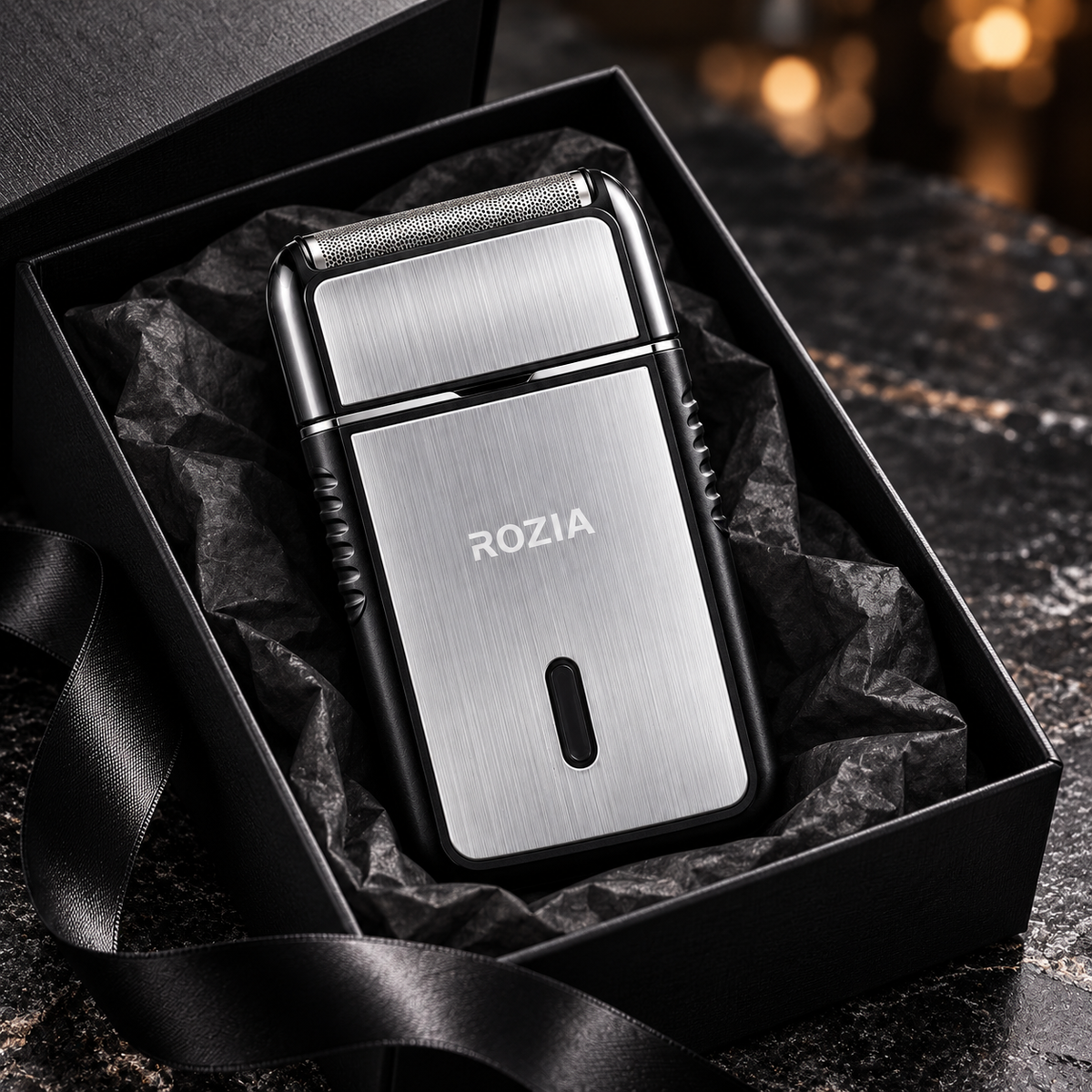 ROZIA — poklon scena; poklon kutija i traka nisu deo seta. AI reklamna vizualizacija.