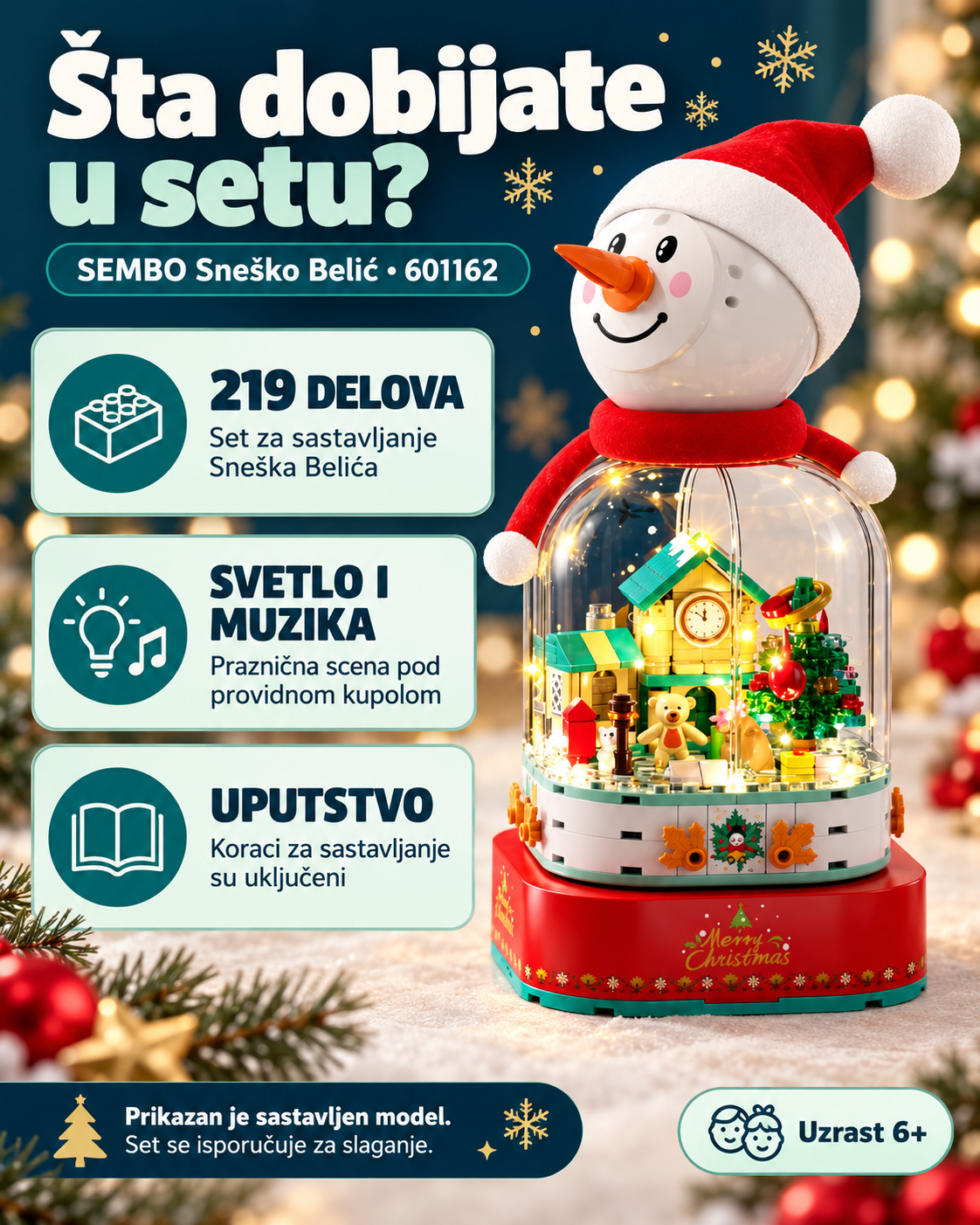 Sadržaj SEMBO 601162 seta: 219 delova za Sneška Belića sa svetlom i muzikom i uputstvo za sastavljanje; prikazan sastavljen model