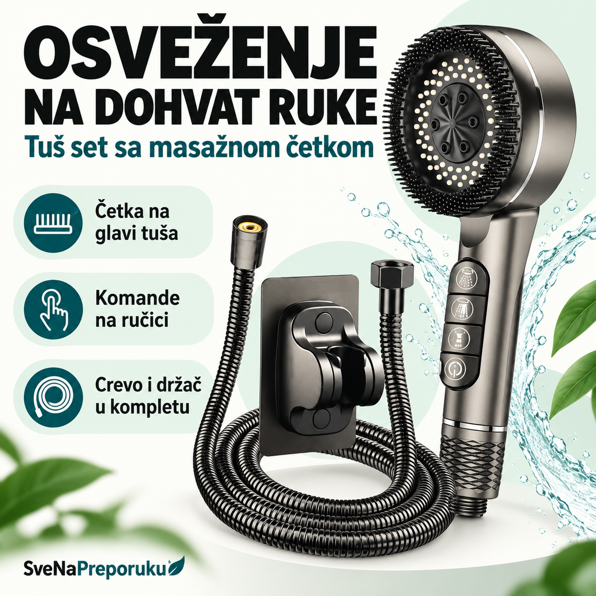 Tamnosivi tuš set: okrugla ručica sa četkom i četiri tastera, fleksibilno crevo i zidni držač.