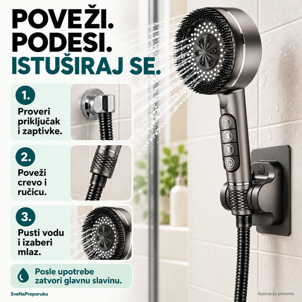 Povezivanje tuš seta: provera priključaka, povezivanje creva i izbor mlaza.