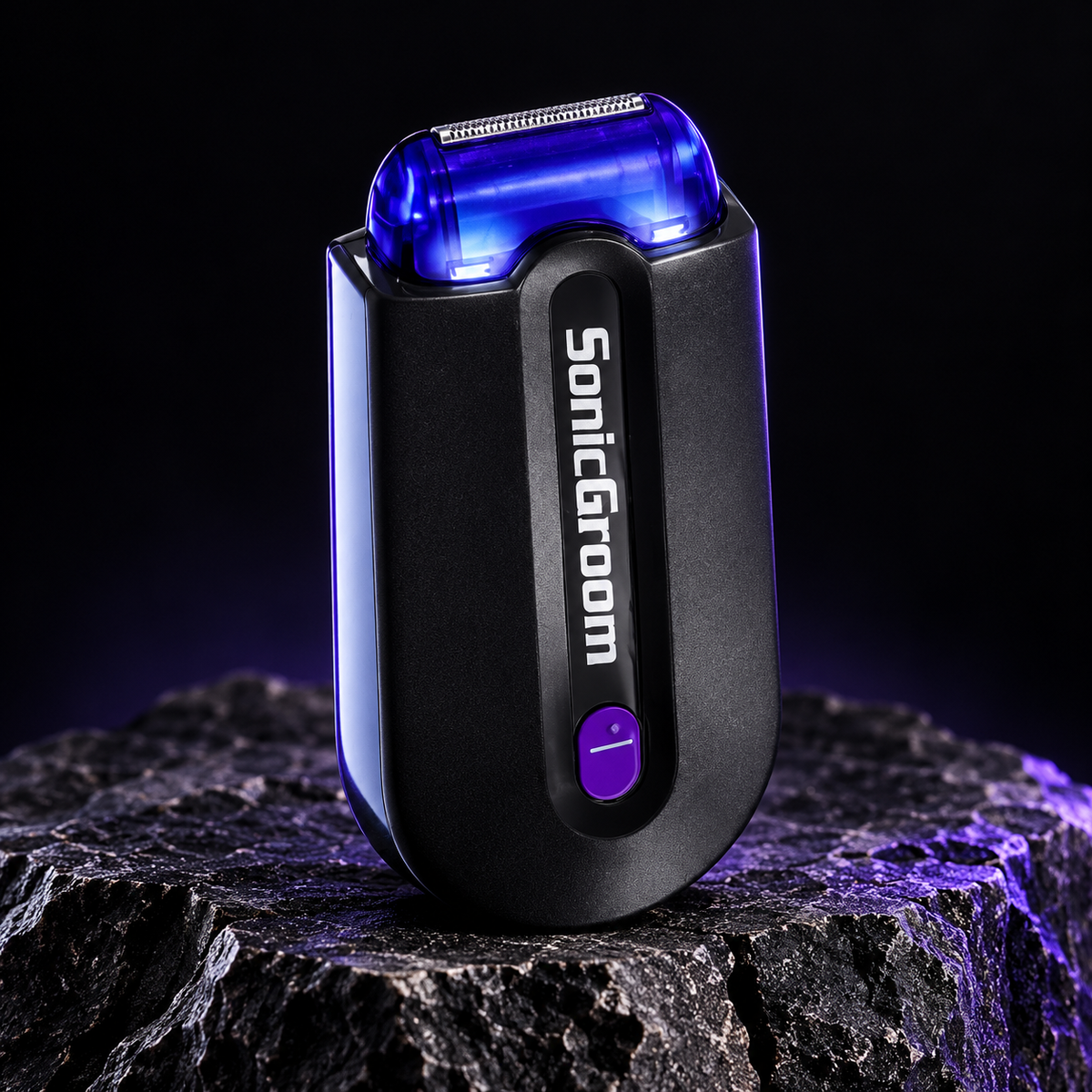 SonicGroom — na crnom kamenu. AI reklamna vizualizacija.