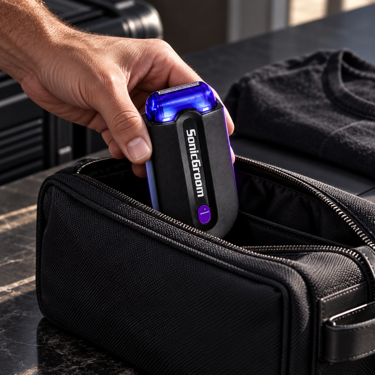 SonicGroom — putna scena sa neseserom koji nije deo seta. AI reklamna vizualizacija.