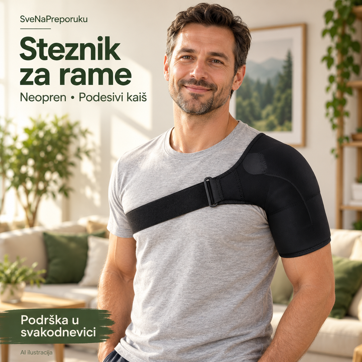 AI ilustracija: muškarac nosi neoprenski steznik za rame sa podesivim kaišem preko grudi.