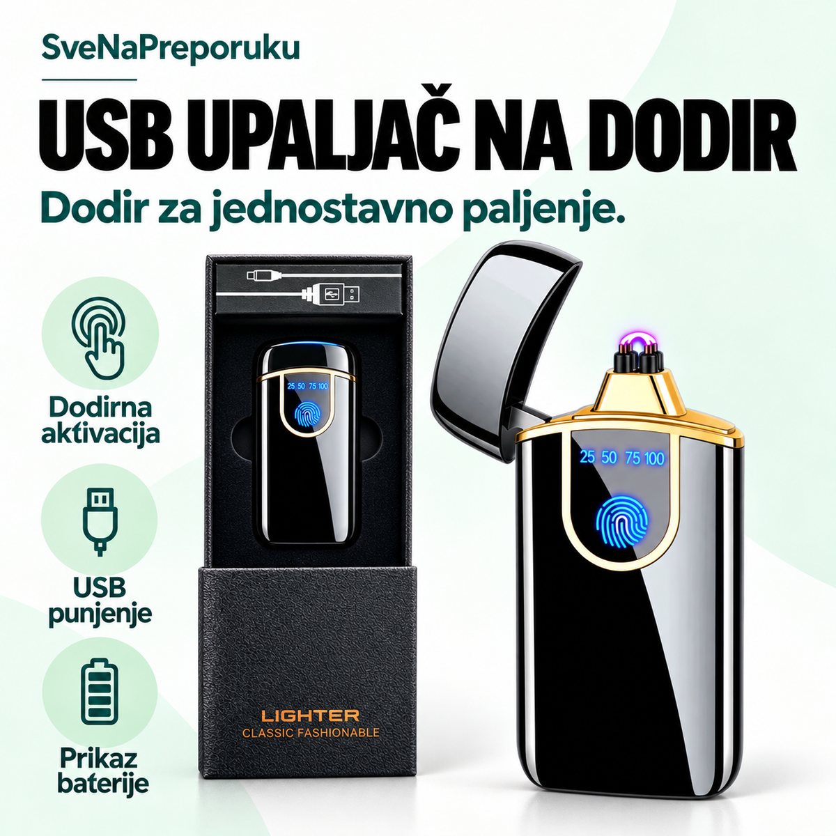 USB upaljač na dodir, prikazan otvoren i zatvoren. Pakovanje sadrži jedan upaljač i poklon kutiju.