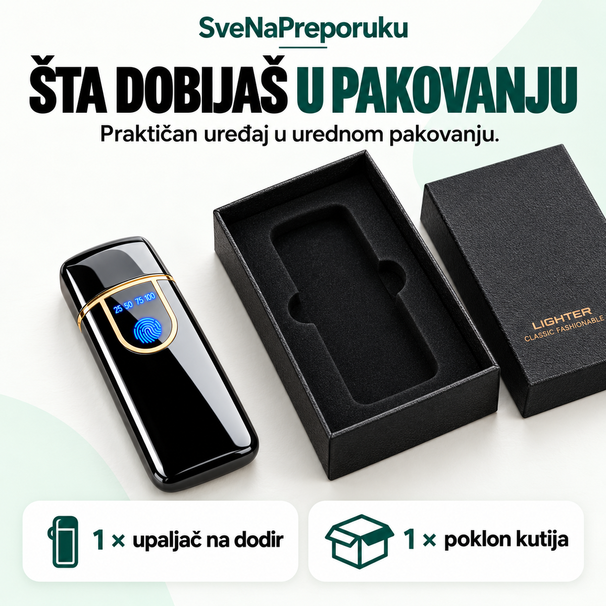 Sadržaj pakovanja: jedan crno-zlatni upaljač na dodir i poklon kutija.