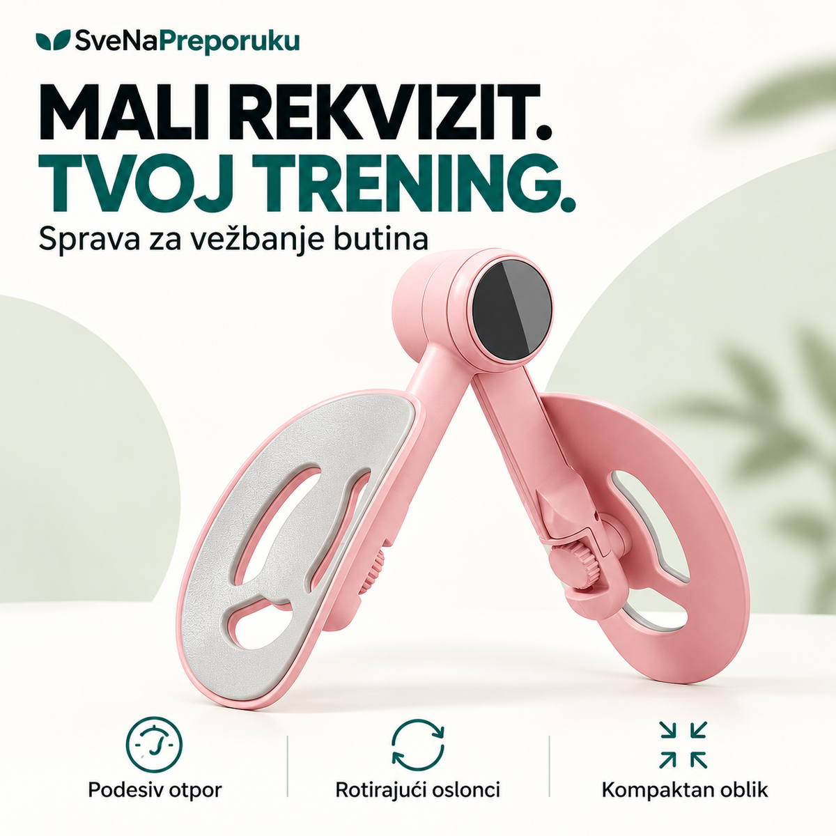 Roze sprava za vežbanje butina — podesiv otpor, rotirajući oslonci i kompaktan oblik.