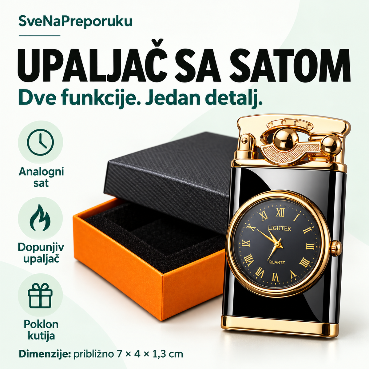 Upaljač sa analognim satom u crno-zlatnoj boji, poklon kutija i približne dimenzije 7 × 4 × 1,3 cm.
