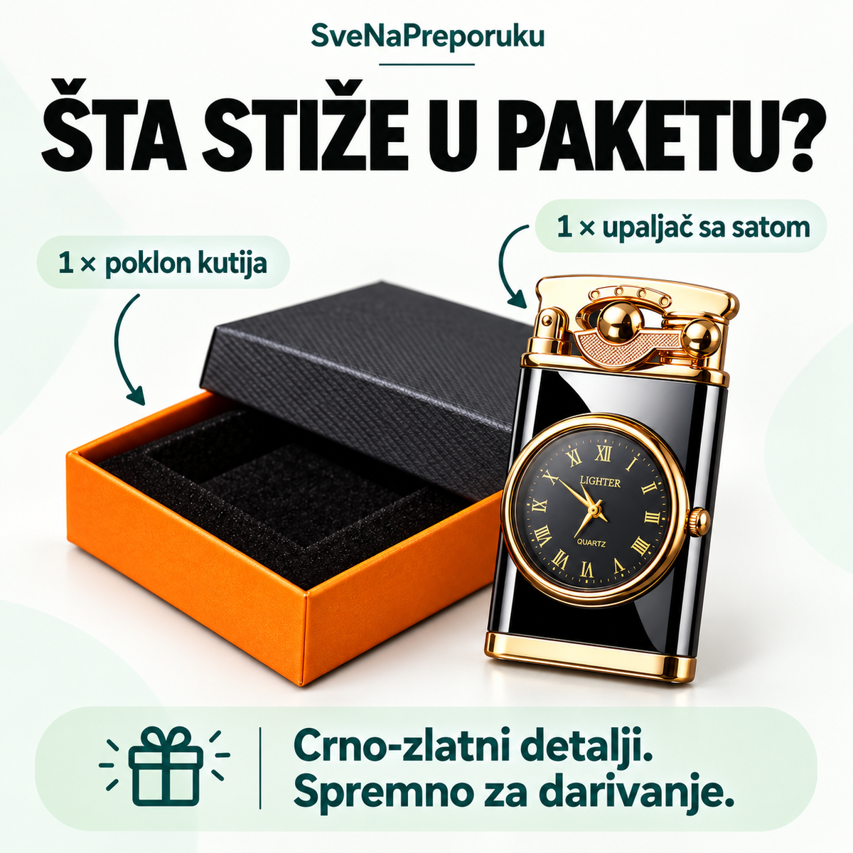 Sadržaj pakovanja: jedan upaljač sa satom i jedna poklon kutija.