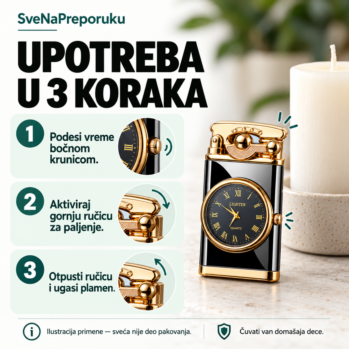 Način korišćenja upaljača sa satom: podešavanje krunicom, aktiviranje i otpuštanje ručice.