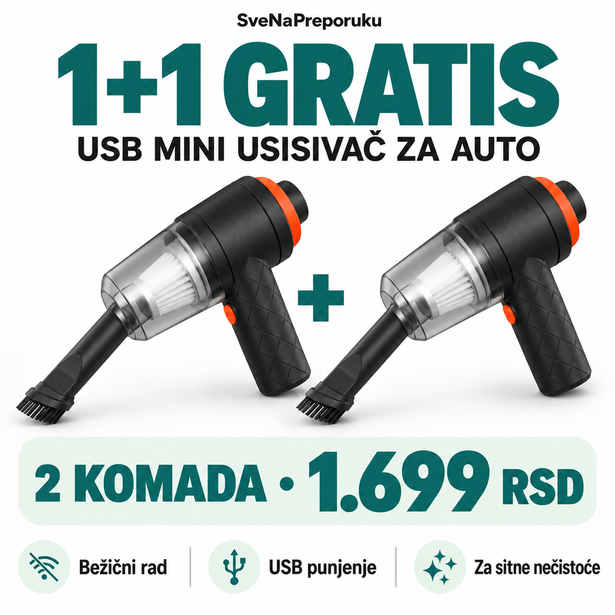 USB mini usisivač za auto — 1+1 gratis, dva uređaja za 1.699 RSD.