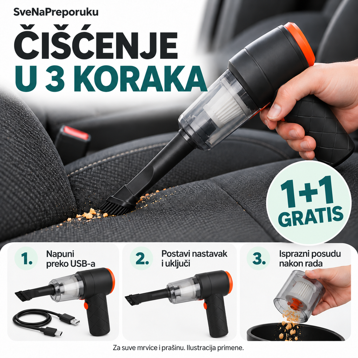 Čišćenje u tri koraka: napuni preko USB-a, postavi nastavak i uključi, zatim isprazni posudu. Ilustracija primene.