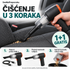 Čišćenje u tri koraka: napuni preko USB-a, postavi nastavak i uključi, zatim isprazni posudu. Ilustracija primene.