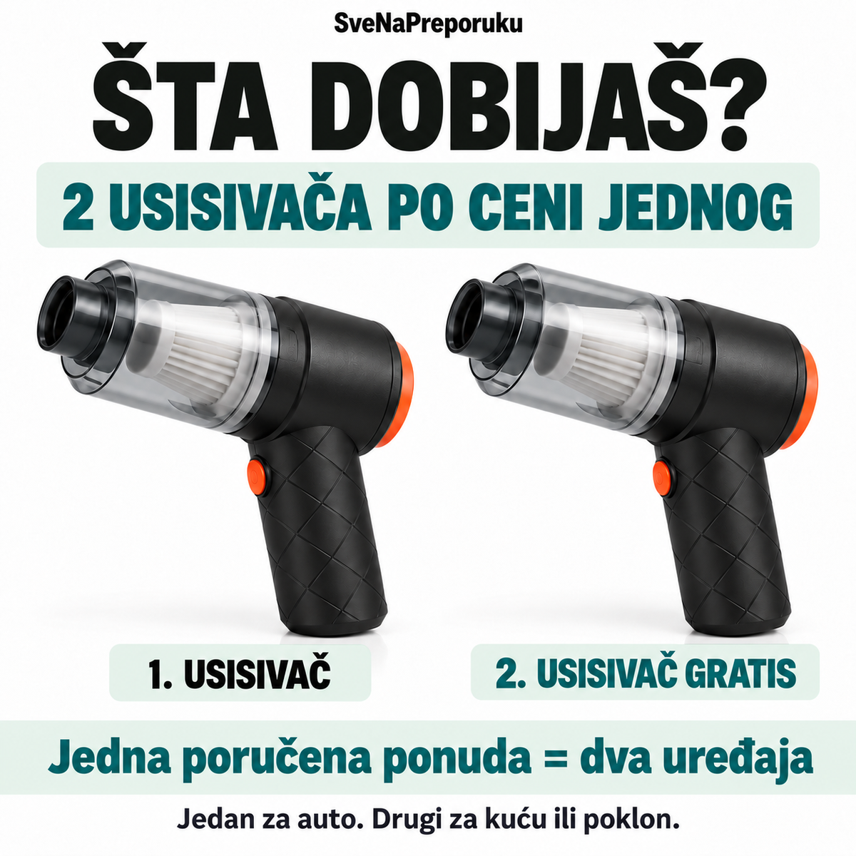 Ponuda 1+1 gratis sadrži dva mini usisivača; jedna poručena ponuda znači dva uređaja.